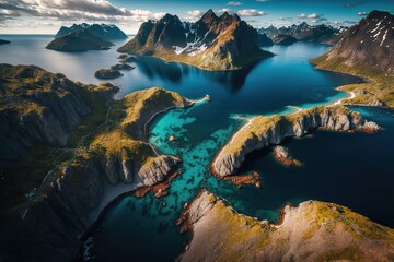 Wall Mural - Gorgeous Norwegian landscape as seen from above, including the fjord of Reine and its surrounding mountains. Generative AI