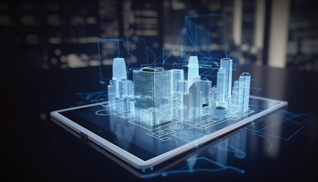 making using digital tablet and modern buildings hologram. real estate business and building technol