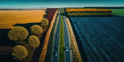 Wall Mural - View of highway traffic from above, surrounded by gorgeous scenery and a pure blue sky. Generative AI