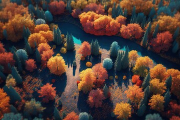 Canvas Print - View of an autumn forest from above, with its towering, colorful trees. Generative AI