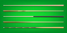 Various Wooden Billiard Cues On Green Background. Snooker Sports Equipment. Vintage Pool Cue. Active Recreation And Entertainment. Vector Illustration