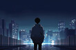 © Boadicea - Sad anime guy walking alone on city street.