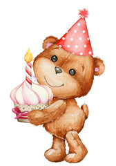 A bear cub in a red cap, holding a cake. Watercolor clipart, in cartoon style, on an isolated background.