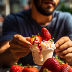 Wall Mural - person holding a strawberry ice cream , ai