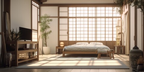 Wall Mural - Japandi interior design room with beautiful lightning generative ai