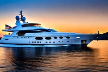 The Superyacht's Radiant Evening Glow. Illustrations Of Superyacht's At Night.