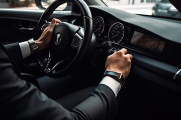 driving, business man in black suit drive a luxury car(ai generated)