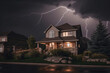 Beneath a turbulent sky, a suburban house witnesses the drama of a lightning storm, where flashes brighten the night, creating an eerie yet mesmerizing display across the neighborhood