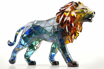 3D model of lion made of stained glass in majestic pose, looking at me, product photo with white background