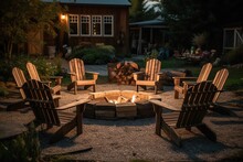 Outdoor Fire Pit In The Backyard With Lawn Chairs Seating On A Late Summer Night Created By Generative AI
