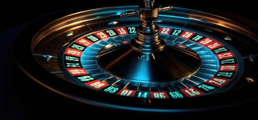 Roulette wheel with blue background and lights, casino photo. Generative AI