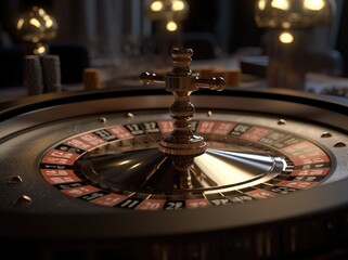 Roulette wheel, in the middle of the table on the casino table. Generative AI