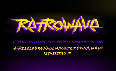 Concept of Retro Futuristic type font in 80s - 90s style with grunge brush alphabet set. Hand drawn Geek and Gamer style lettering set. Vintage Cyberpunk type font in Yellow and purple colors