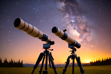 An image of a telescope, equipment used for observing the night sky, with a backdrop of stars or planets