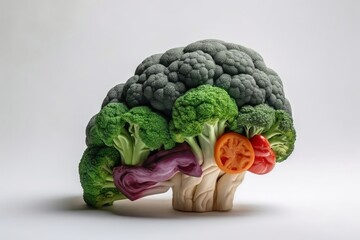 Side view of a human brain made of fresh vegetable on a white background created with generative AI technology.