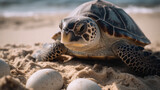 Fototapeta Natura - sea turtle on the beach with its eggs