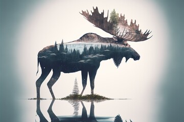 Moose with beautiful antler double exposure with natural background as concept of fertility forest and wildlife live together in peace, explore and adventure in wilderness. Superb Generative AI.