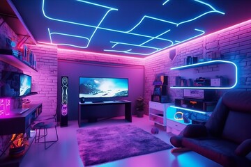 Wall Mural - Gamer room with RGB lights, neon colors. Gamer Streamer space. Modern workspace with computer on the desk. Generative AI.