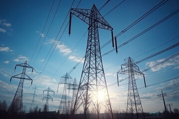  High voltage transmission towers with red glowing wires against blue sky - Energy concept