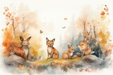 Fototapeta Dziecięca - Watercolor animals in autumn forest for children's interior wallpaper. Generative AI