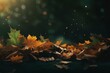 Autumnal background with green hue and falling leaves, ideal for festive season with ample space to insert text. Generative AI