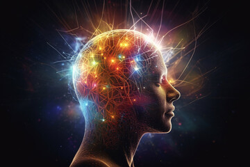 Wall Mural - State of mind concept. Consciousness is a fundamental and ubiquitous aspect of the universe. Man portrait dark silhouette and consciousness represents colorful universe and space. Generative AI