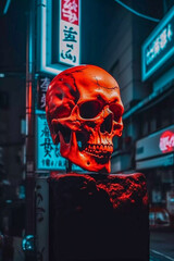 Wall Mural - Tokyo City by Night, Anime and Manga drawing illustration, city ​​views, red neon, Generative AI