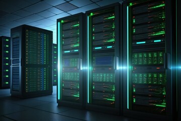 Modern Data center with computer servers. AI generated, human enhanced.