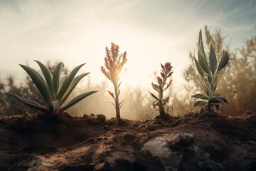 Metaphoric growth: four plants, each taller than the last, in daylight on nature background. Generative AI