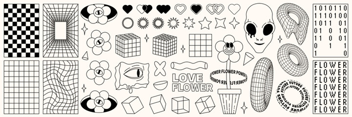 Wall Mural - rave psychedelic retro futuristic set in trendy y2k style. face alien, flower power character. surre