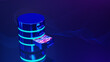 Database storage on blue background. Concept of Database server, Data storage, Data center, File Server, SQL. 3D rendering.
