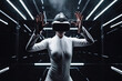 © ADDICTIVE STOCK - Generative AI illustration of anonymous woman in white suit and virtual reality goggles experiencing another world while standing with raised arms in futuristic room