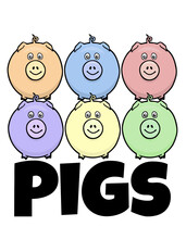 Six Cartoon Pigs In A Row With The Word Pigs