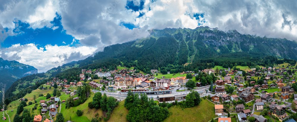 Townscape of village of Wengen on the edge of Lauterbrunnen Valley. Traditional local houses in Wengen village in the Interlaken district in the Bern canton of Switzerland.