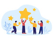 A vector illustration of people holding stars and giving a five-star rating as feedback.Customers and clients choose their satisfaction rating and leave positive reviews to evaluate their experiences.