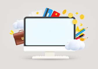Poster - Computer monitor with business elements and blank screen. 3d vector illustration
 
