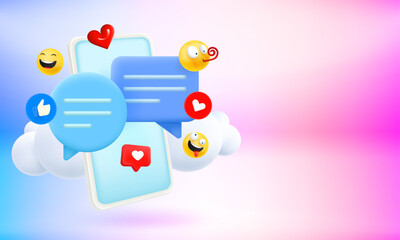 Poster - Social media concept with mobile phone and emoji. 3d vector banner with copy space