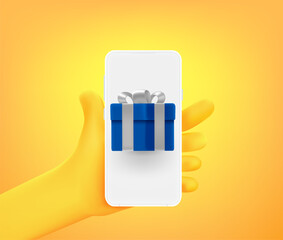 Poster - Cute comic hand with gift box icon on smartphone. 3d vector illustration