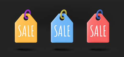 Aufkleber - Different color shopping tags collection. 3d vector isolated on black background