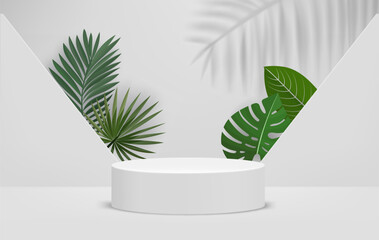 Wall Mural - Bright interior with podium and green leaves. Eco friendly product showcase template. 3d vector background