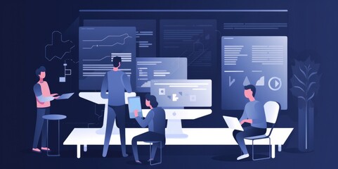 Sleek developer teamwork in vector graphic, generative ai