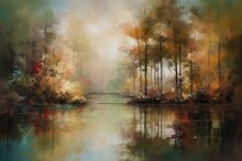 Abstract Oil Painting Autumn Landscape. Forest And Pond Impressionist Art. Hazy Fall Morning.