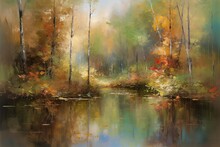 Abstract Oil Painting Autumn Landscape. Forest And Pond Impressionist Art. Hazy Fall Morning.