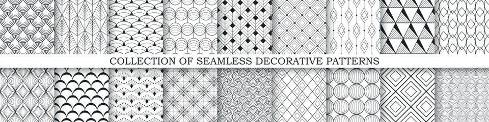 Wall Mural - Collection of vector seamless geometric ornamental patterns - elegant monochrome design. Repeatable ornate black and white backgrounds.