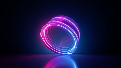 Wall Mural - 3d render, abstract geometric background, glowing neon lines inside the round glass shape. Trendy minimalist wallpaper