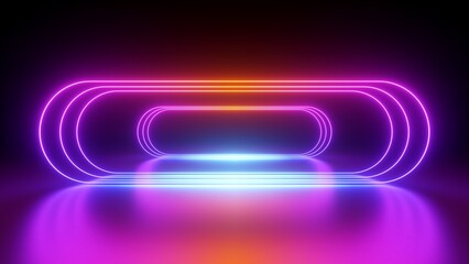 Wall Mural - 3d render, abstract neon background, rounded geometric frame shapes, glowing pink blue neon lines, ultraviolet spectrum. Cyber space. Futuristic wallpaper