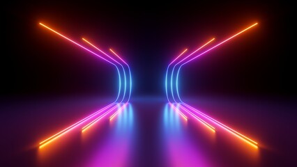 Wall Mural - 3d render. Abstract futuristic neon background. Rounded red blue lines, glowing in the dark. Ultraviolet spectrum. Cyber space. Minimalist wallpaper