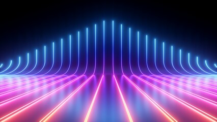 Wall Mural - 3d render, abstract minimal neon background, pink blue neon lines going up, glowing in ultraviolet spectrum. Cyber space. Laser show. Futuristic wallpaper