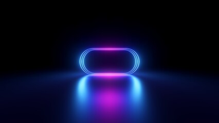 Wall Mural - 3d render, abstract black background with blank neon frame, pink blue glowing shape. Minimalist futuristic wallpaper