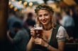 © wetzkaz - smiling woman in dirndl with a mug of beer, mug full of beer, at a folk festival or oktoberfest, fictional place. Generative AI